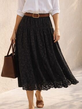 Madewell Black Eyelet Midi Skirt Cotton Feminine Spring Summer M
